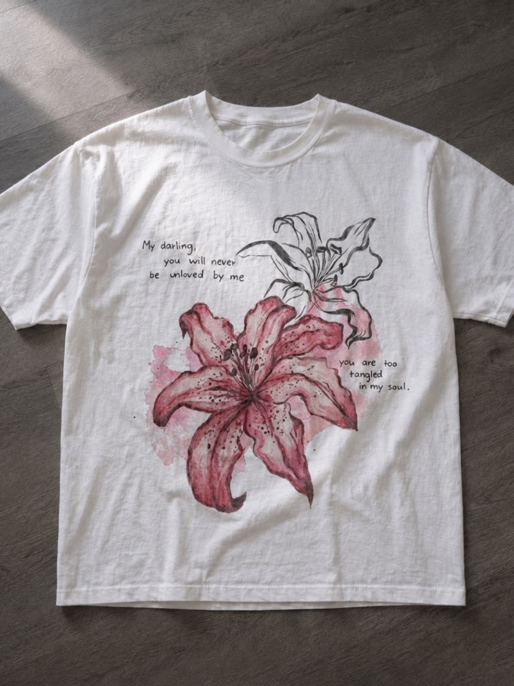 White Graphic Tee with Pink Floral Illustration Size M